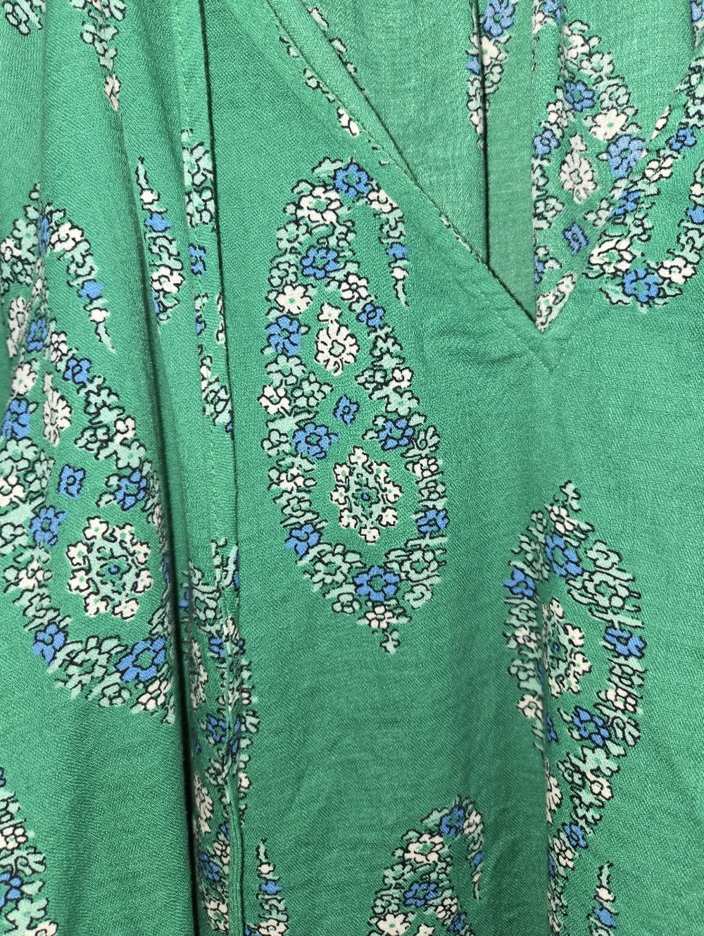 Knox Rose Green White Blue Paisley Boho V Neck Tassel Puff Sleeve Top Sz XL - Picture 2 of 4